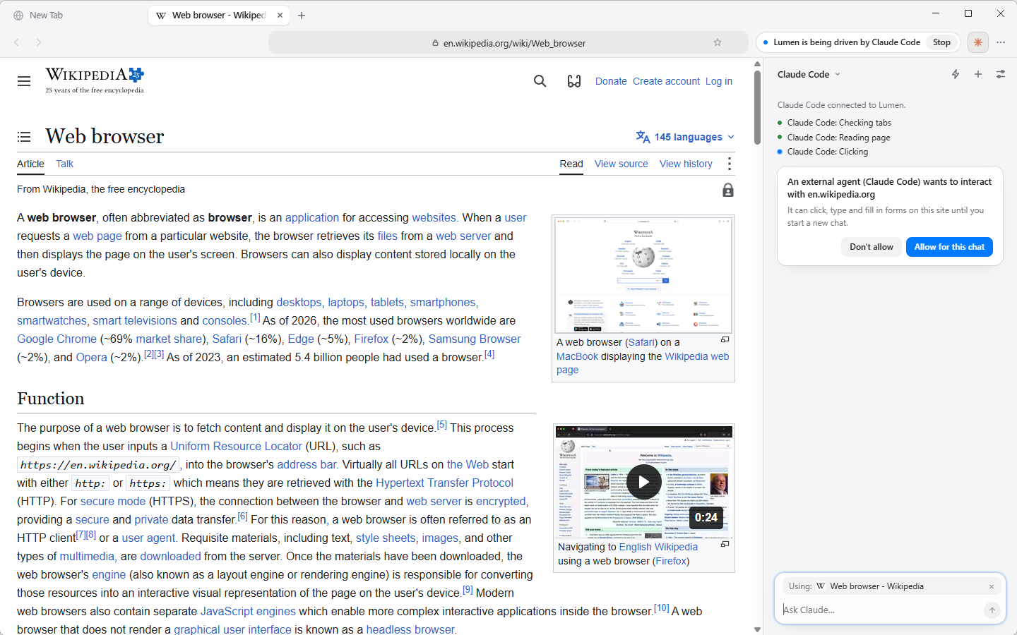 An approval card in the sidebar: an external agent asks to interact with a site