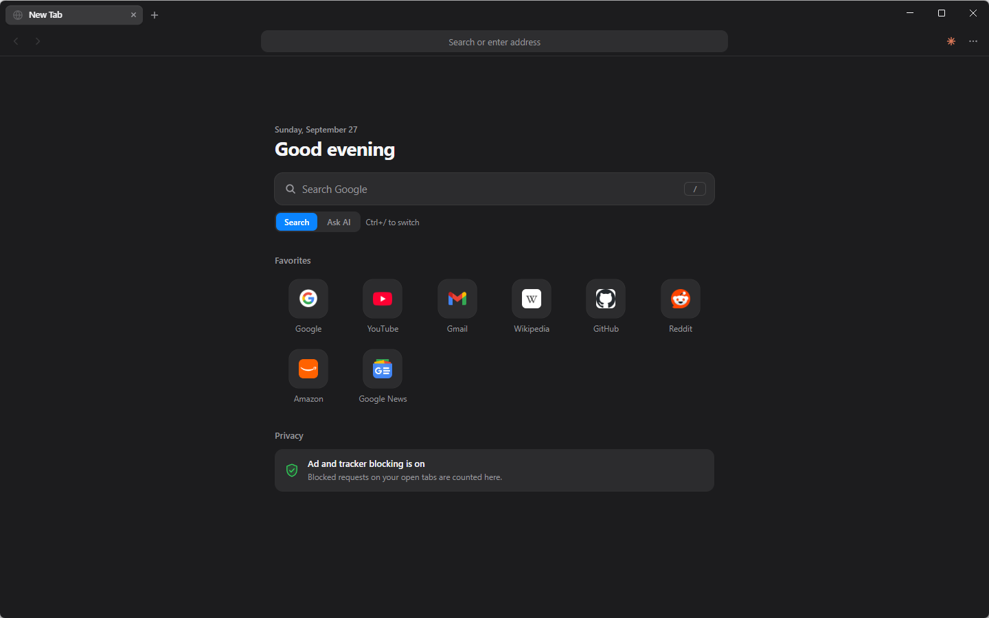Lumen's new-tab page in the dark theme