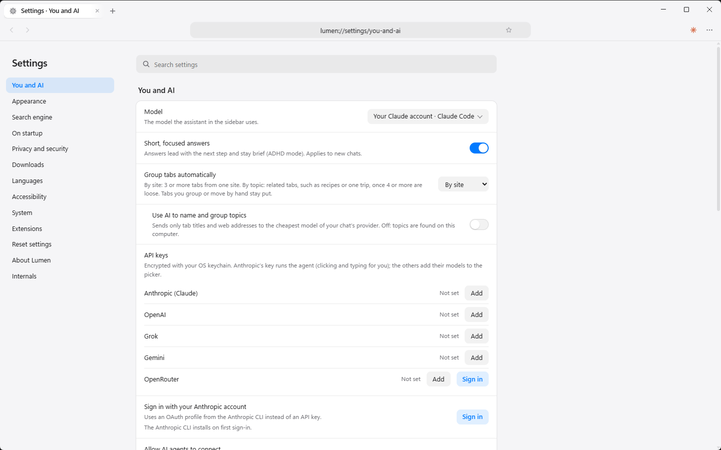 Lumen's settings page